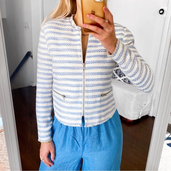 🐚 BIKBOK BLUE IVORY STRIPE FRINGE ELEGANT BLAZER JACKET! - Picture 5 of 15